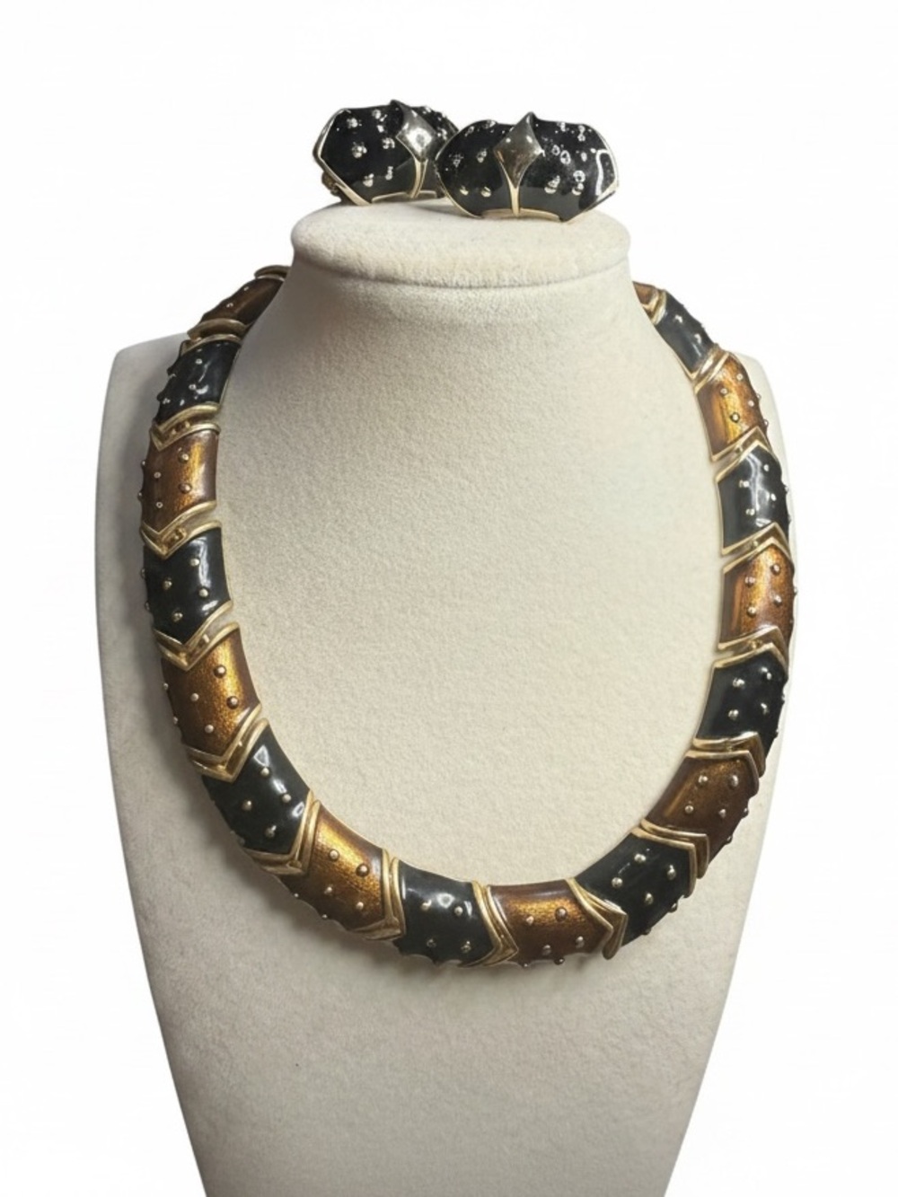 Vintage Erwin Pearl Black Bronze Enamel Necklace Clip Earrings Demi Parure Set